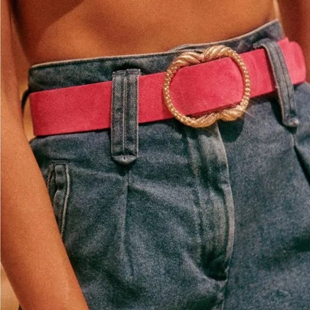 Sezane Pink Suede Belt with Gold Rope Buckle
